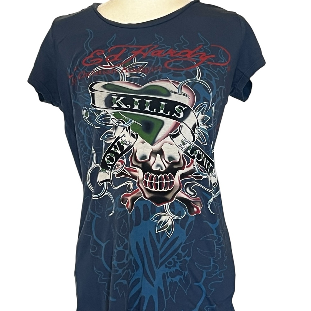 Ed Hardy Dark Blue Tee with Red Accents